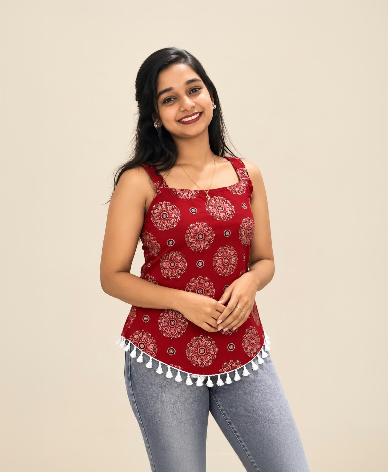 Women’s Flower Printed Red Cotton Short Kurti