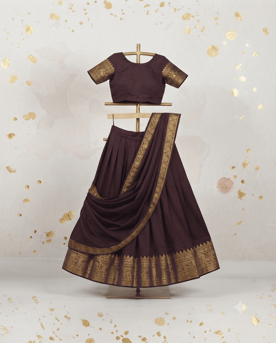Semi Stitched Kanji Cotton Dhvani Set Coffee brown